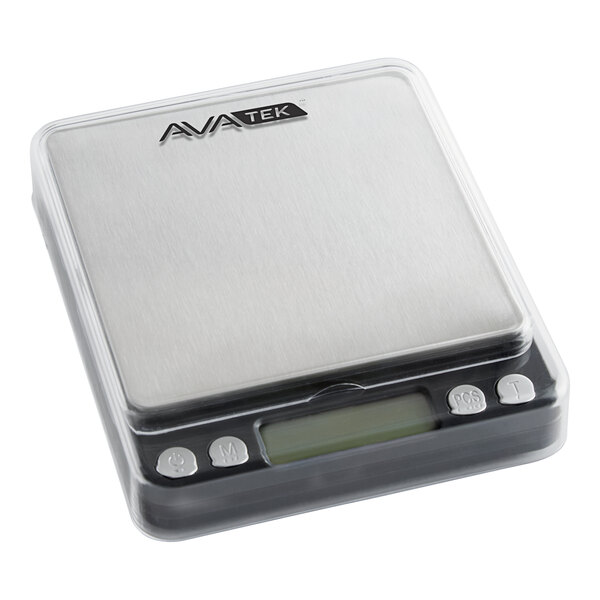 A compact digital portion control scale with a stainless steel weighing surface and an LCD display.