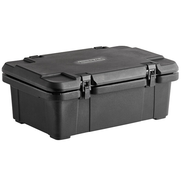 A black plastic food pan carrier with a lid.