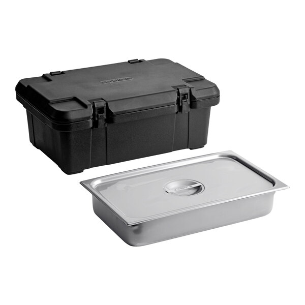 A black insulated food pan carrier and a full-size stainless steel food pan with a lid.