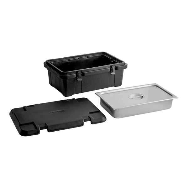 A black top-loading insulated food pan carrier with a full-size stainless steel food pan and lid.