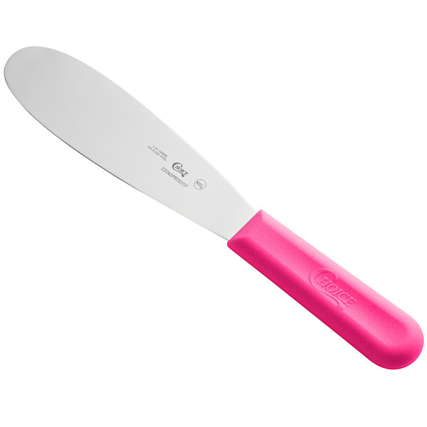 A Choice sandwich spreader with a neon pink handle.
