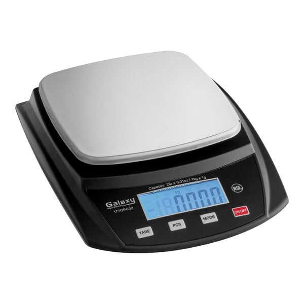 A compact digital portion control scale with a stainless steel weighing platform and an LCD display.