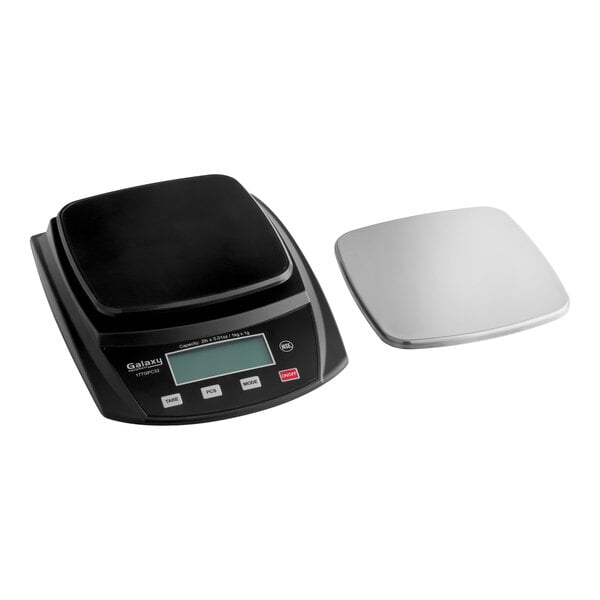 A compact digital portion control scale with a removable stainless steel weighing platform.