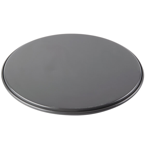A black Chicago Metallic Pre-Seasoned Aluminum Pizza Pan with a white background.