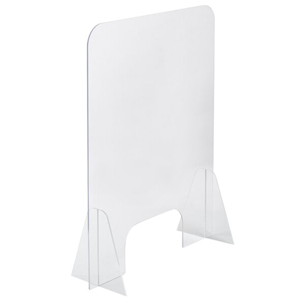 A clear plastic screen with two legs.