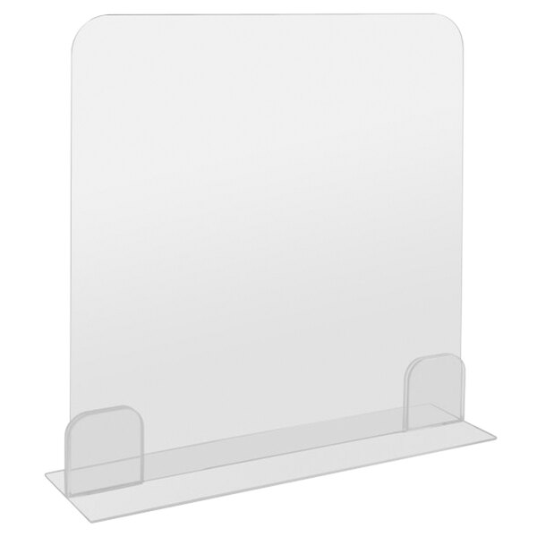 A clear plastic safety shield with a clear platform base.