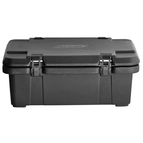A black plastic CaterGator food pan carrier with latches.