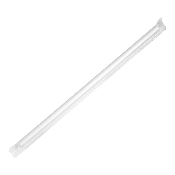 A white plastic straw in a plastic wrapper.