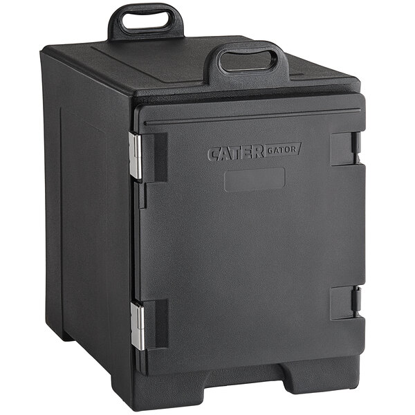 A black CaterGator front loading insulated food pan carrier with a handle.