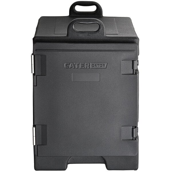 A black front loading CaterGator food pan carrier with a handle.