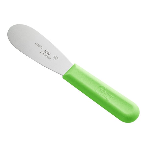 Choice 3 1/2" Smooth Stainless Steel Sandwich Spreader with Neon Green Polypropylene Handle