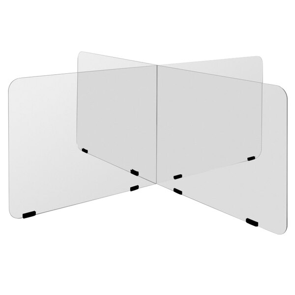 A transparent acrylic safety shield with black clips.