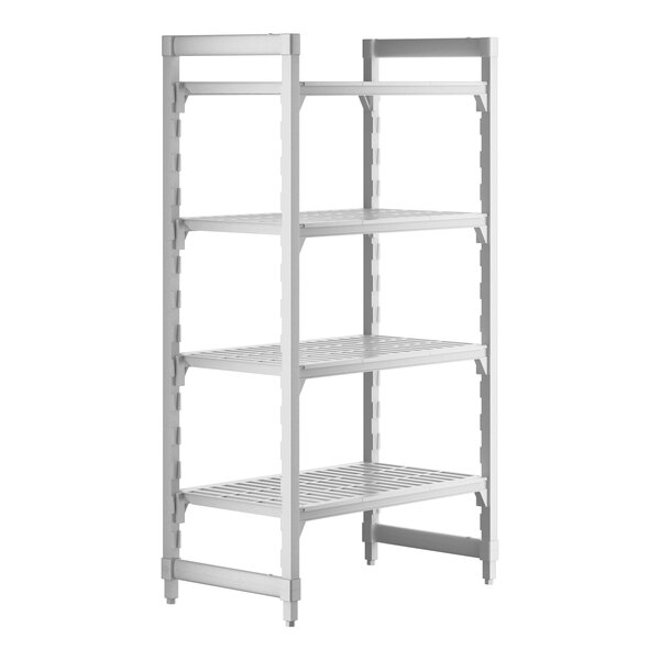 A white plastic Cambro Camshelving® Premium shelving unit with four shelves.