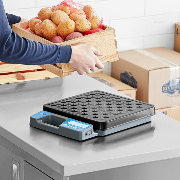 A digital receiving scale with a built-in handle and treaded platter placed on a countertop.