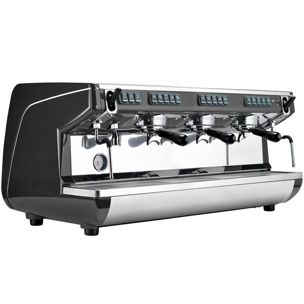 A black and silver Nuova Simonelli Appia Life 3 Group Volumetric Espresso Machine.