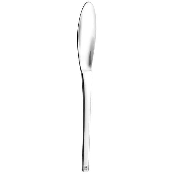 A close up of a Couzon by Amefa stainless steel fish knife with a white handle.