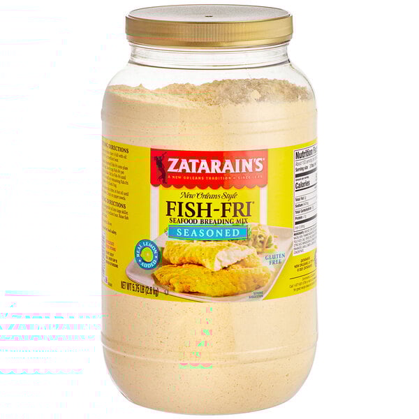 A jar of Zatarain's Seasoned Fish Fri Breading Mix.