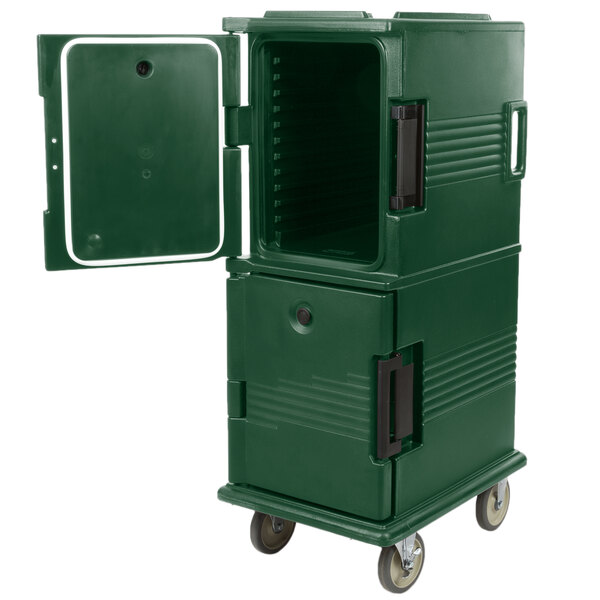 A Kentucky green Cambro Ultra Camcart with an open door holding food pans.