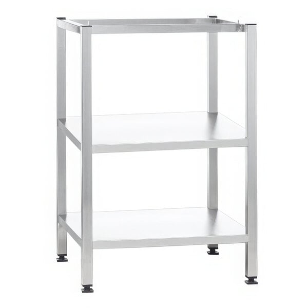 A silver metal Rational equipment stand with wheels.