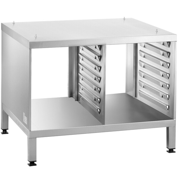 A metal stand with shelves for Rational iCombi ovens.