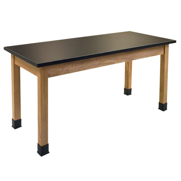 A black rectangular science lab table with wooden legs.