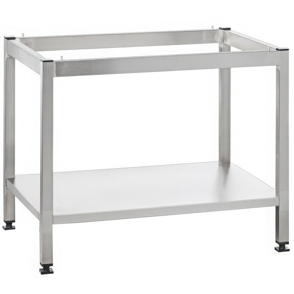 A stainless steel open base stand with two shelves on it.