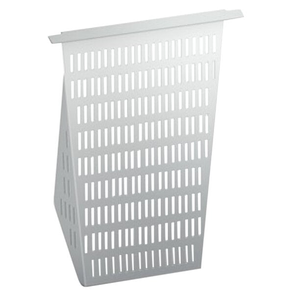 A white rectangular plastic strainer with holes.