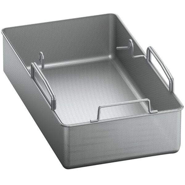 A stainless steel boiling basket for a Rational iVario 2-S Tilt Skillet.