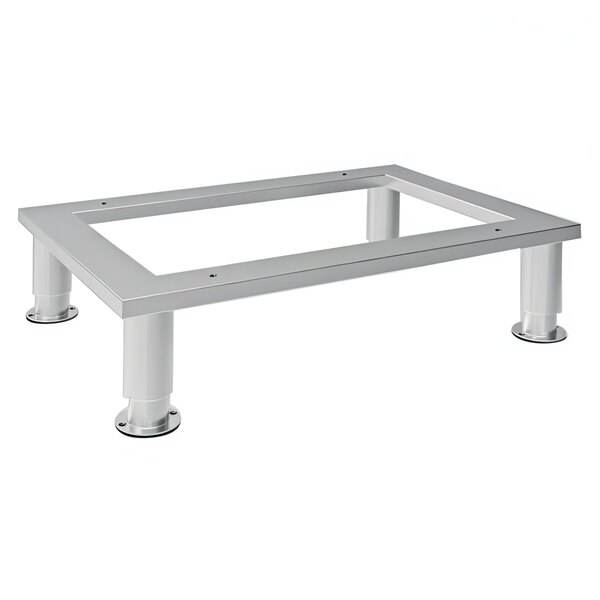 A silver metal Rational open base oven stand with metal legs and a metal base.