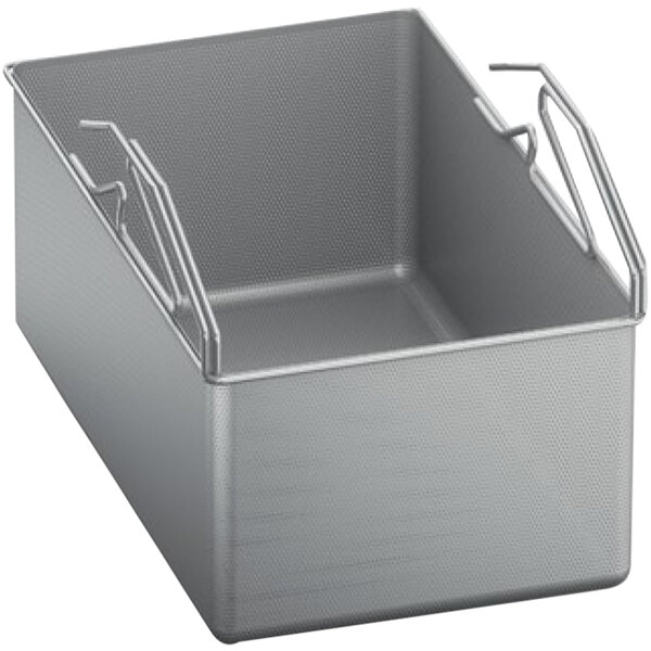 A metal boiling basket with handles for a Rational iVario tilt skillet.