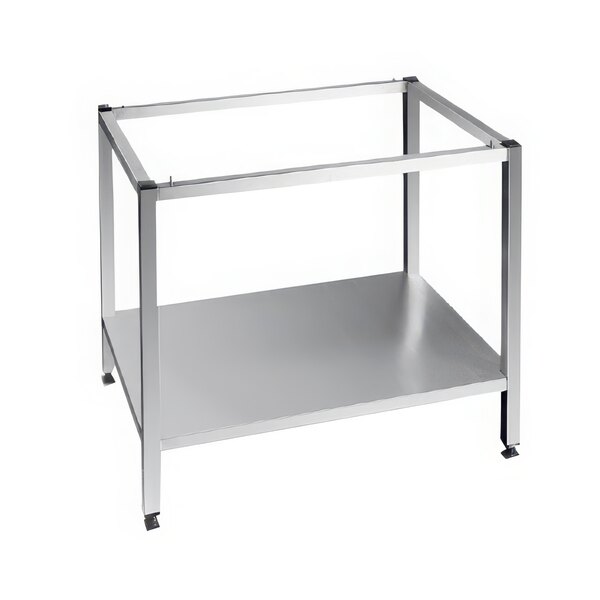 A silver stainless steel Rational oven stand with wheels.