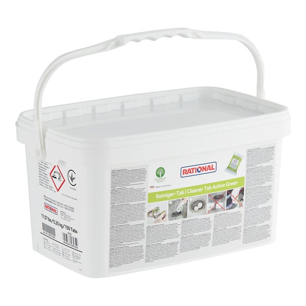 A white plastic bucket with a handle and lid containing Rational Green Cleaner tabs.