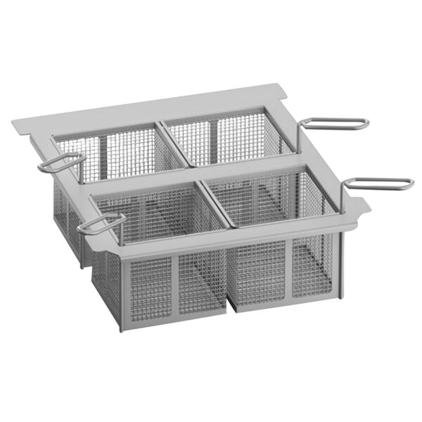 A stainless steel frame holding four metal mesh frying baskets.