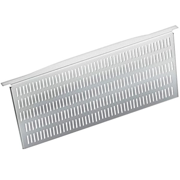 A silver rectangular metal strainer with holes.