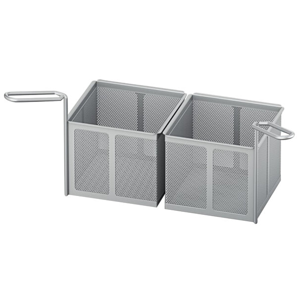 Two gray metal perforated baskets with handles.