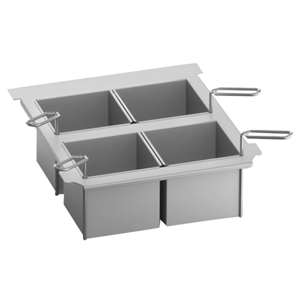 A stainless steel Rational portion basket kit with 4 solid and 4 perforated baskets, 4 lids, and 2 frames on a counter.