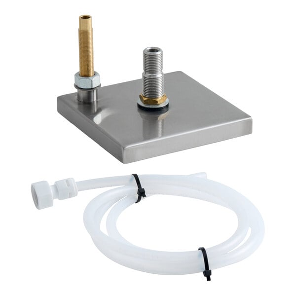 A stainless steel surface mount beer drip tray with rinser and a flexible hose.