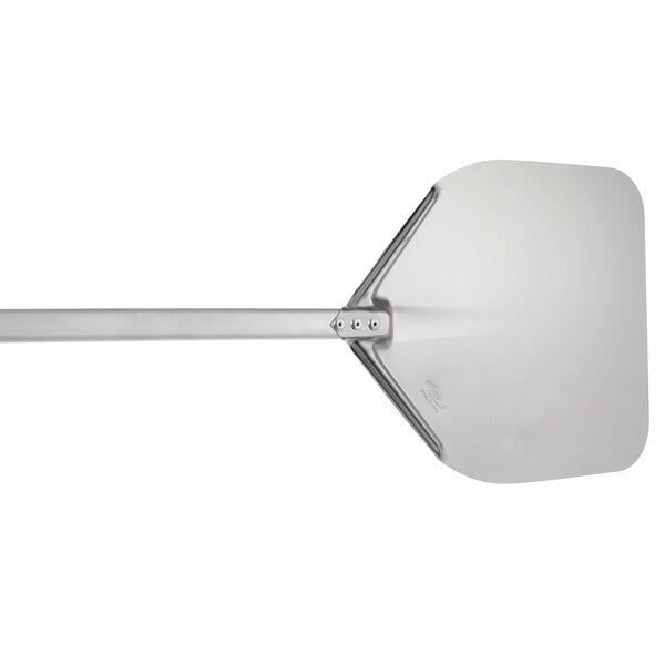 A silver GI Metal pizza peel with a handle on a white background.