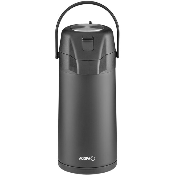 An Acopa 2.5 liter stainless steel lined matte black airpot with a black cap and handle.