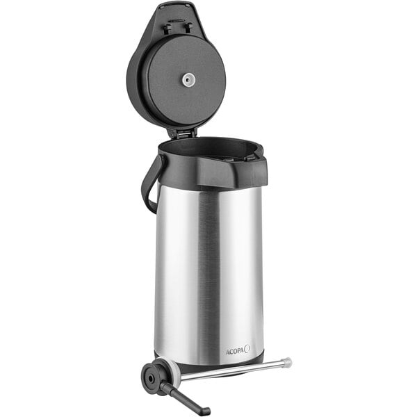 An Acopa stainless steel airpot with a black lid.