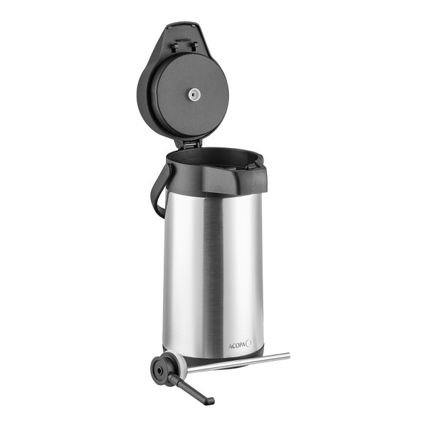 A stainless steel lined airpot with a push button and an open lid.