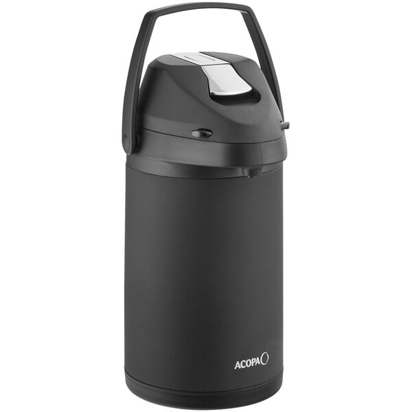 An Acopa matte black and silver stainless steel airpot with a metal lever.