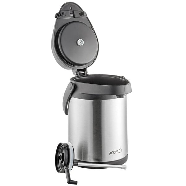An Acopa stainless steel airpot with a metal lever and lid.