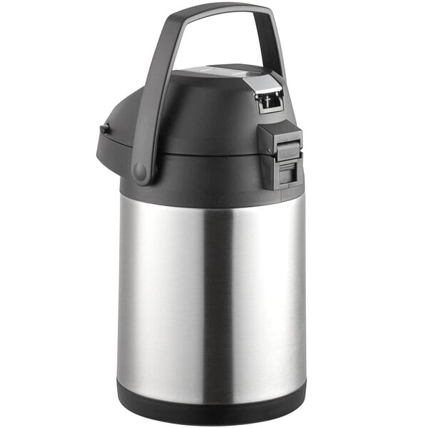 An Acopa stainless steel airpot with a metal lever.