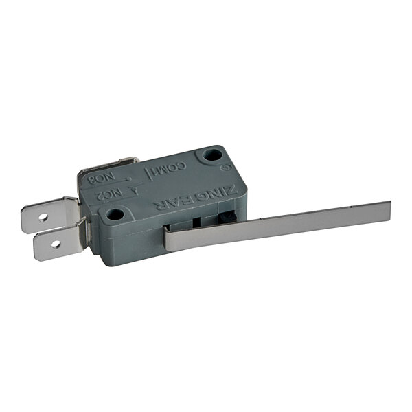 A grey plastic Main Street Equipment door switch with metal clips and a long handle.