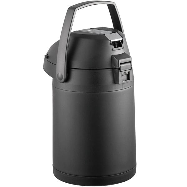 A black vacuum container with a metal lever and a handle.