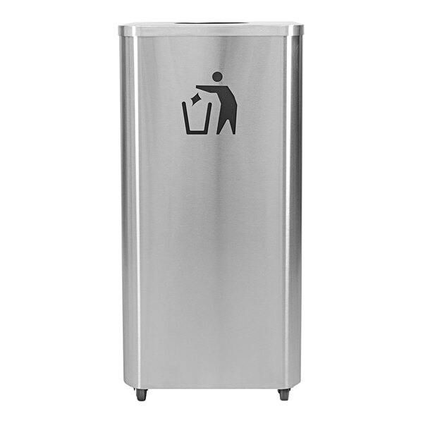A close up of a stainless steel Ex-Cell Kaiser rectangular waste companion container with a black symbol on it.