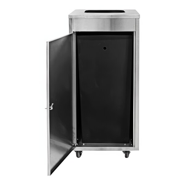 A stainless steel rectangular waste companion container with a black door open.