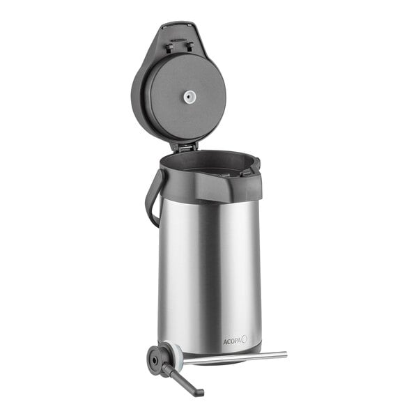 A stainless steel lined airpot with a push button and open lid, designed for beverage dispensing.