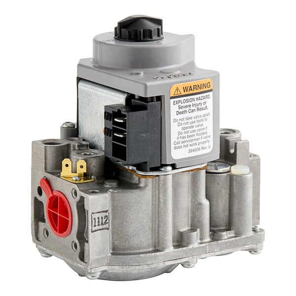 A grey metal Main Street Equipment safety valve with a black cover and red button.
